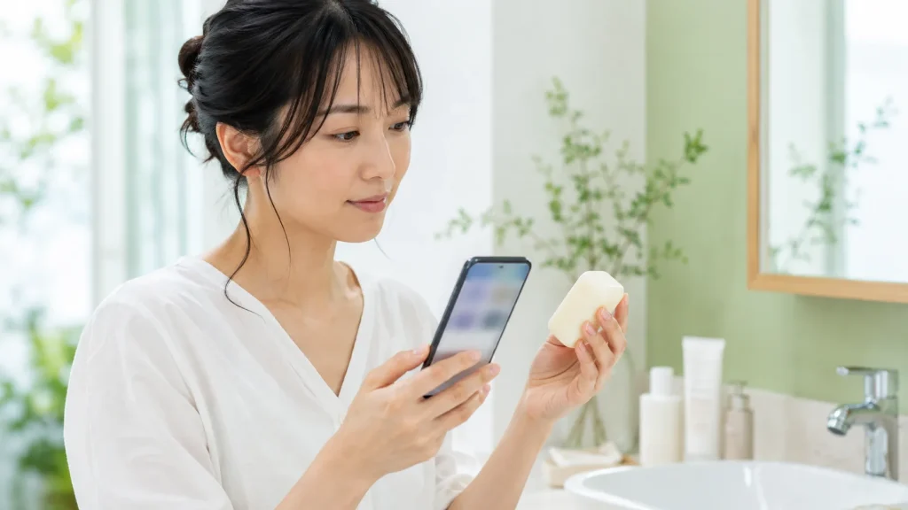 固形石鹸を手に口コミや商品情報を確認する女性