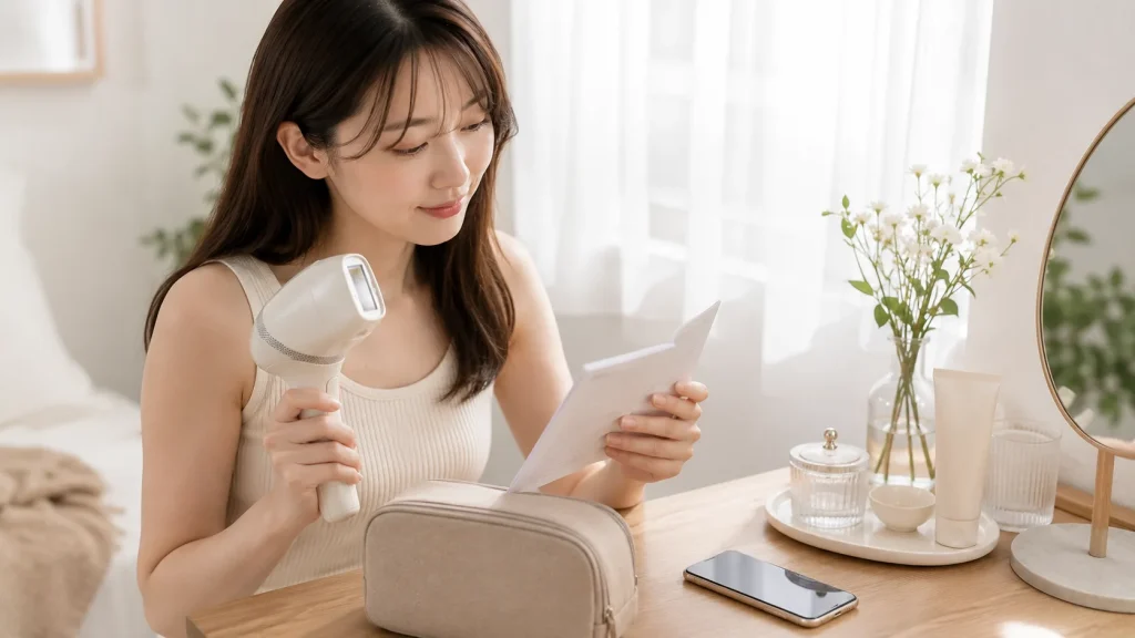 家庭用光美容器の本体や付属品を確認するイメージ