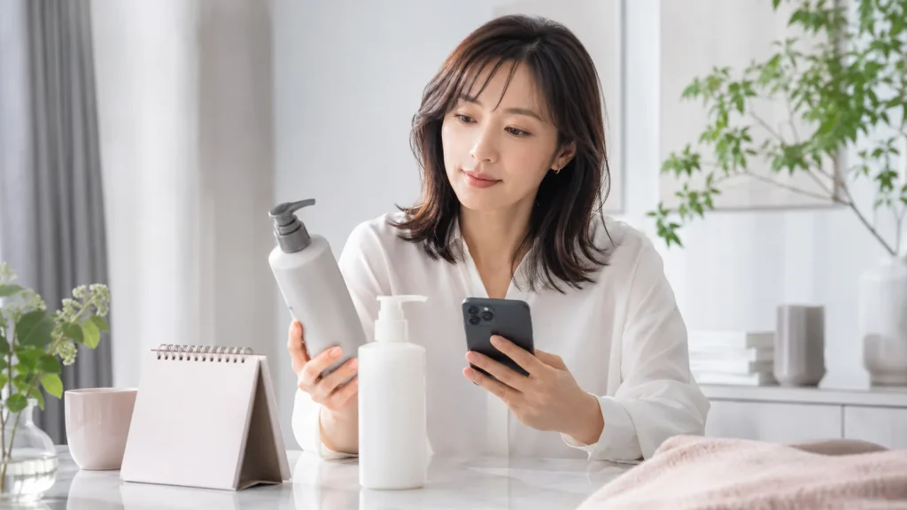 シャンプー定期便の配送間隔や解約条件を確認する女性