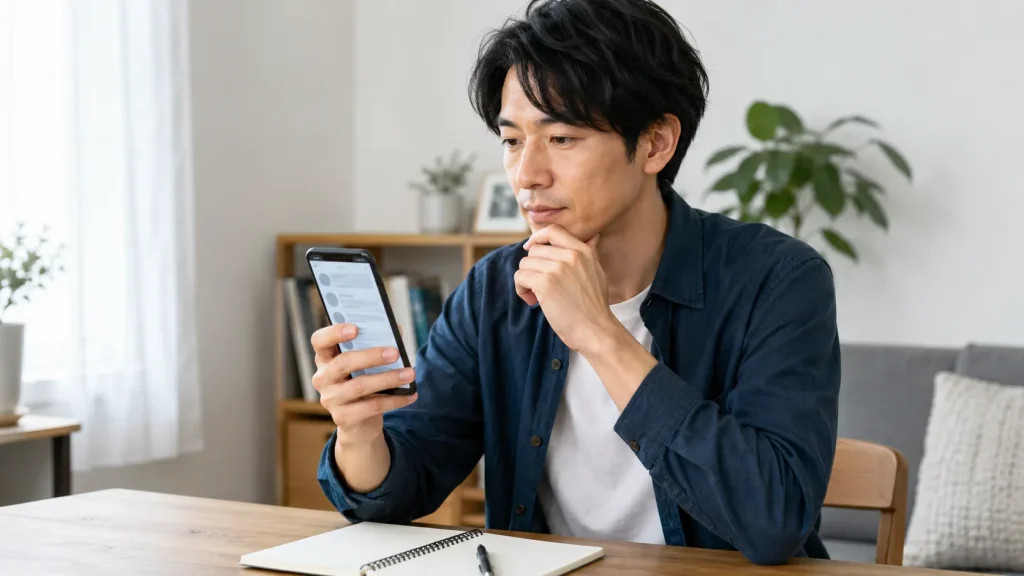 メンズ洗顔料の口コミや使用感をスマートフォンで確認する男性