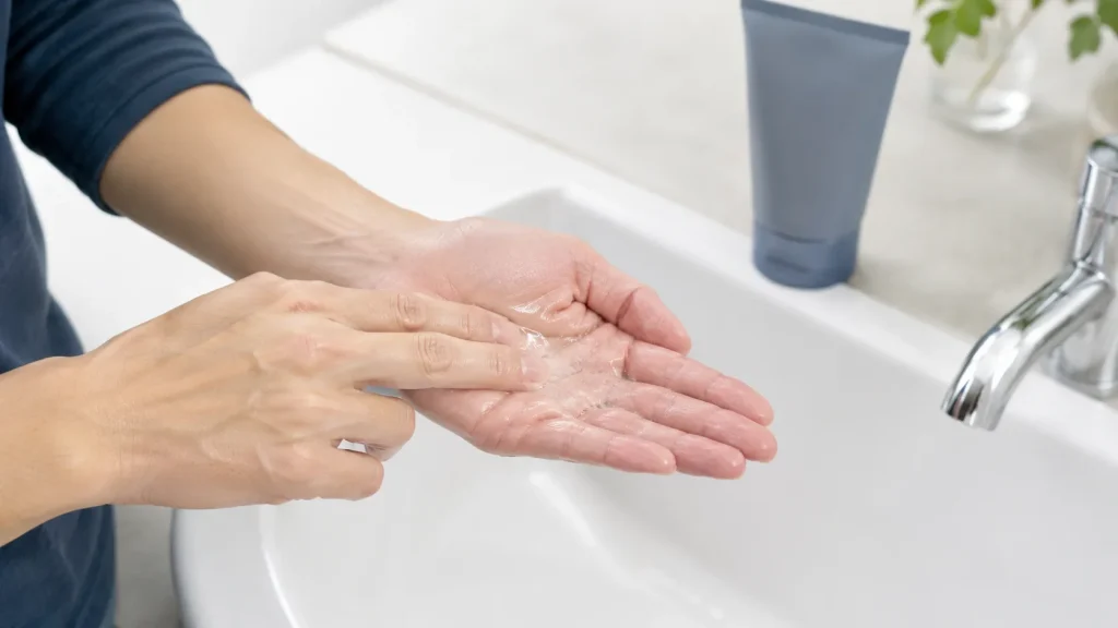 メンズ洗顔料を少量の水となじませて使う手元のイメージ