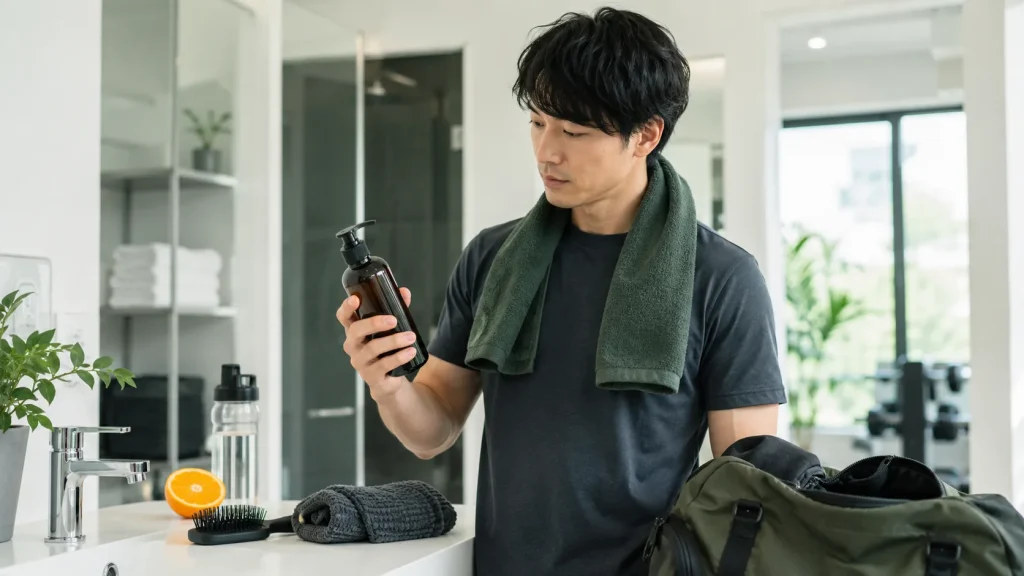 髪と身体の洗浄料を1本にまとめて持ち運ぶ男性